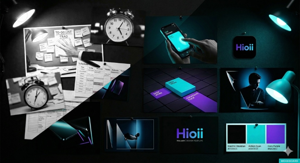 Hioii moodboard: neutral paper clutter transitioning into dark obsidian interface, with violet and cyan palette swatches