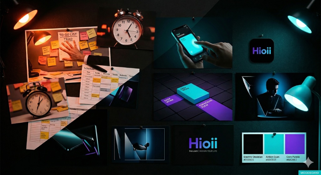 Hioii moodboard: warm paper clutter transitioning into dark obsidian interface, with palette swatches